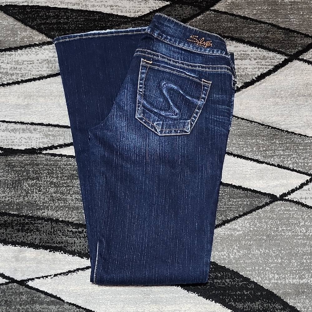 SILVER SUKI EMBROIDERED MID-RISE DARK-BLUE WASH BOOT-CUT DENIM JEAN